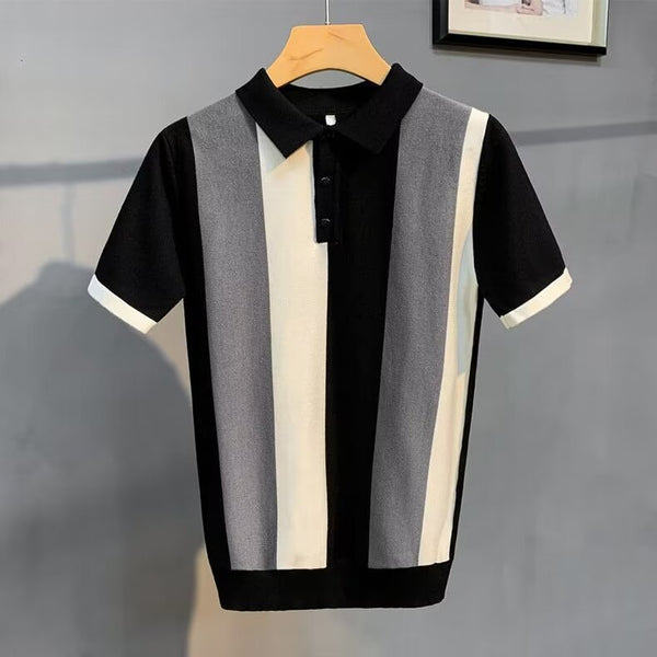 Short Sleeve Men's Vintage Stripe Personality Zipper Half Sleeve