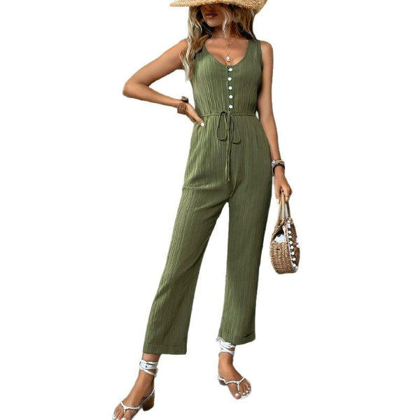 Casual Jumpsuit Drawstring Sleeveless Solid Color One-piece Trousers