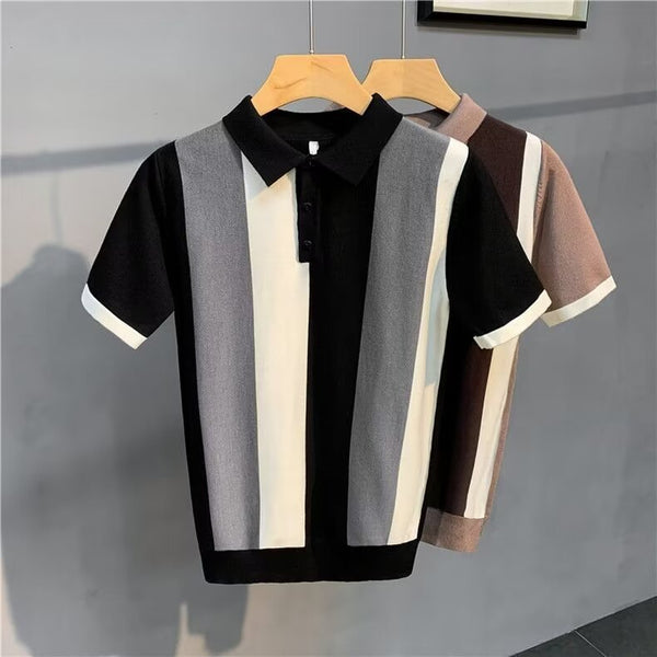 Short Sleeve Men's Vintage Stripe Personality Zipper Half Sleeve